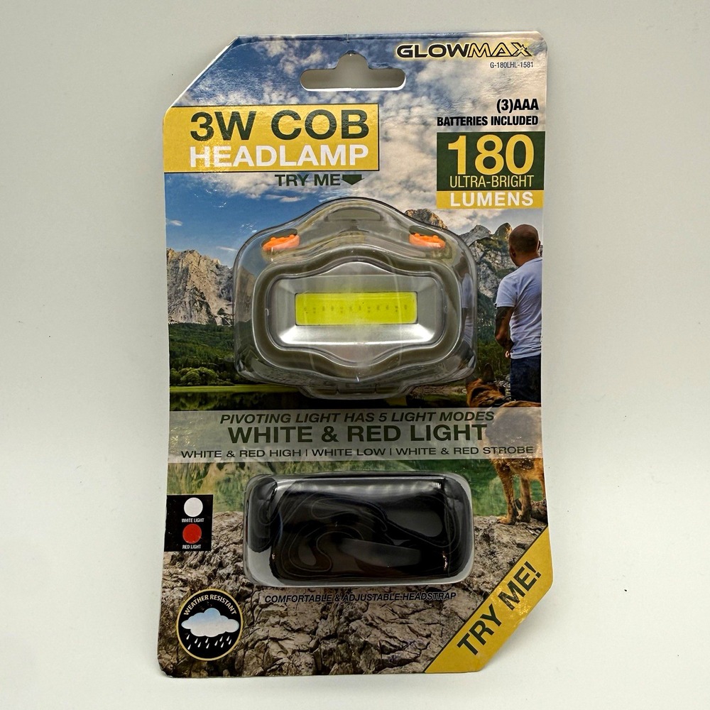 GlowMax 3W COB LED Headlamp 180 lm White/Red Modes IP44, 3x AAA Included